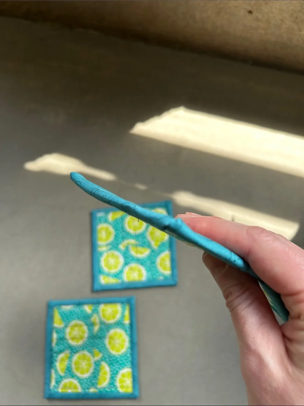 Handmade Patchwork Fabric Coasters - Teal Trim, Lime & Macaron Prints
